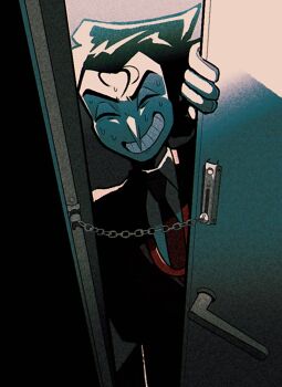 1boy black_hair collared_shirt colored_skin deltarune door_chain doorway gloves highres male_focus necktie opening_door pointy_nose pov_doorway shio_tou shirt short_hair smile solo spamton_g._spamton spamton_g._spamton_(big_shot) sweat teeth utdr_(toby_fox) white_gloves white_shirt white_skin