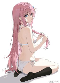1girl absurdres ass black_socks blue_eyes bocchi_the_rock! bra commentary_request cube_hair_ornament gotoh_hitori hair_ornament highres long_hair open_mouth panties pink_hair seiza sitting socks solo underwear white_background white_bra white_panties yushe