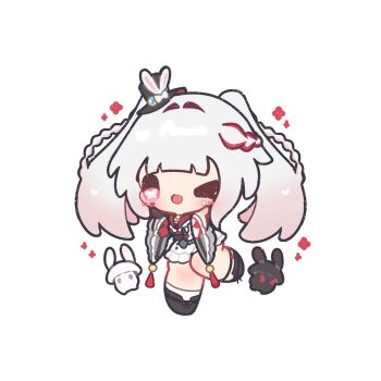 >_o 1girl :d ;d black_hat black_shoes blunt_bangs blush braid chibi chibi_only commentary decrilus full_body grey_hair grey_kimono hair_intakes hat highres honkai:_star_rail honkai_(series) japanese_clothes kimono long_hair long_sleeves mini_hat mini_top_hat multicolored_hair one_eye_closed open_mouth pink_eyes pink_hair red_streaks shoes simple_background smile socks solo sparkle_(honkai:_star_rail) sparxie_(honkai:_star_rail) standing standing_on_one_leg streaked_hair symbol-shaped_pupils top_hat twintails white_background white_socks wide_sleeves x-shaped_pupils