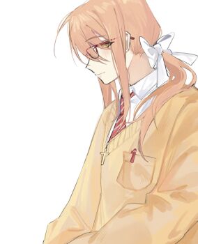 1boy bow brown_hair brown_sweater collared_shirt cross cross_necklace degrees_of_lewdity glasses green_eyes hair_bow hashtag-only_commentary highres jewelry long_hair necklace necktie red_necktie shirt simple_background solo striped_clothes striped_necktie sweater sydney_(degrees_of_lewdity) sydney_(male)_(degrees_of_lewdity) white_background white_bow white_shirt worldendunit