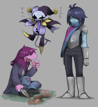 1girl 2boys armor blue_skin boots cape colored_skin deltarune digging furry hair_over_eyes hat highres jester_cap jevil kris_(deltarune) multiple_boys pauldrons purple_hair sharp_teeth shoulder_armor standing susie_(deltarune) teeth tirarizun tongue tongue_out torn_clothes trowel utdr_(toby_fox) worm