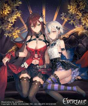 2girls :o absurdres ahoge anya_(evertale) arm_belt artist_name ass astrid_(evertale) asymmetrical_legwear azu-taro bare_shoulders belt black_bow black_bra black_choker black_dress black_garter_straps black_skirt black_thighhighs blue_gem blue_hair blue_nails blue_pupils blue_thighhighs boots bow bra bra_strap breasts broken_heart brooch brown_hair center_frills center_opening chain chain_around_arm choker cleavage closed_mouth cloud collarbone commentary_request concert copyright_logo copyright_name copyright_notice couch curtains dress evertale fingernails flower frilled_skirt frilled_sleeves frills garter_straps gem green_eyes hair_between_eyes hair_bow hair_flower hair_ornament heart heart_brooch high-waist_skirt high_heel_boots high_heels highres holding idol idol_clothes indoors jacket jewelry lace lace-trimmed_thighhighs lace_trim large_breasts layered_skirt leaf linea_alba logo long_hair long_sleeves looking_at_viewer miniskirt mismatched_legwear mismatched_thighhighs multicolored_hair multicolored_jacket multicolored_thighhighs multiple_girls multiple_rings music nail_polish navel night official_art on_couch original panties petticoat plaid_clothes plaid_skirt red_dress red_eyes red_nails ring shiny_skin shirt short_hair sideboob single_garter_strap skirt sky sleeveless sleeveless_shirt small_breasts stage stage_lights standing standing_on_one_leg star_(sky) star_(symbol) star_choker starry_sky streaked_hair striped_clothes striped_thighhighs studded_belt thighhighs two-tone_dress two-tone_jacket two-tone_thighhighs underwear white_flower white_hair white_panties white_shirt wide_sleeves yellow_pupils