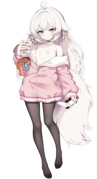 1girl absurdres animal_ears bag_of_chips black_pantyhose breasts closed_mouth commentary_request controller drink_carton drinking_straw droopy_ears expressionless fox_ears fox_girl fox_tail game_controller highres holding holding_controller holding_drink_carton holding_game_controller holding_milk_carton hyouta_(yoneya) jacket long_hair long_sleeves looking_at_viewer milk_carton no_bra off_shoulder original pantyhose pink_jacket simple_background small_breasts tail white_background white_hair
