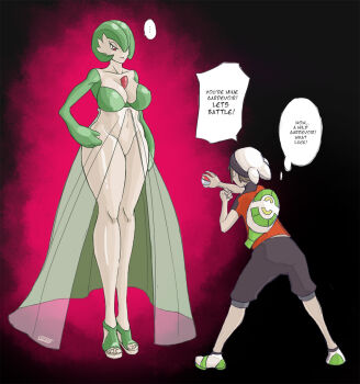 1boy 1girl breasts brendan_(pokemon) chest_spike curvy english_text femdom gardevoir gen_3_pokemon hair_over_one_eye hand_on_own_hip height_difference high_heels large_breasts long_legs looking_down monster_girl nintendo poke_ball pokemon pokemon_(creature) pokemon_oras sequential short_hair simple_background size_difference speech_bubble text_focus thick_thighs thighs thought_bubble wide_hips