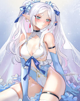 Rule 34 | 1girl, alternate costume, aqua eyes, bare shoulders, blue gloves, breasts, commentary, earrings, elbow gloves, elf, english commentary, frieren, gloves, hair in own mouth, highres, jewelry, leotard, long hair, medium breasts, parted bangs, pointy ears, princess ailish, sidelocks, signature, sitting, solo, sousou no frieren, thigh strap, thighhighs, variant set, veil, very long hair, white hair, white thighhighs, white veil