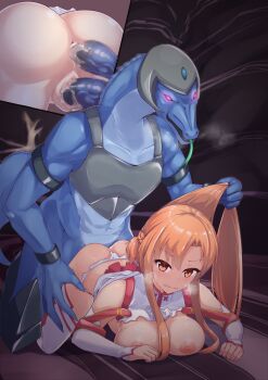 1girl absurdres ajmthjd all_fours anal ass asuna_(sao) braid breast_press breasts breasts_out brown_eyes censored clenched_teeth commission commissioner_upload crown_braid doggystyle double_penetration extra_penises forced forked_tongue functionally_nude grabbing_another's_hair hair_pulled_back heavy_breathing highres holding_another's_hair interspecies leg_grab long_hair medium_breasts monster monster_boy monster_sex mosaic_censoring multiple_penetration orange_hair penis rape sex sex_from_behind skeb_commission sword_art_online teeth tongue tongue_out torn_clothes vaginal