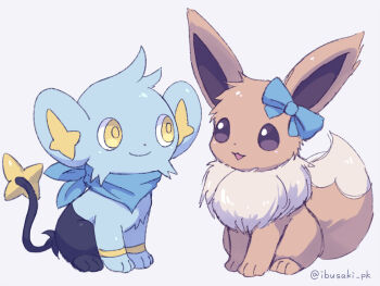 :d blue_bow bow closed_mouth commentary_request eevee gen_1_pokemon gen_4_pokemon highres ibusaki_(ivu) nintendo no_humans open_mouth pokemon pokemon_(creature) shinx sitting smile yellow_eyes yellow_pupils