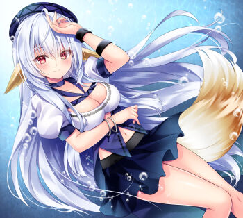 Rule 34 | 1girl, animal ears, arm up, beret, blue hat, blue skirt, breasts, cleavage, closed mouth, commission, feet out of frame, grey hair, hair between eyes, hat, knees together feet apart, long hair, looking at viewer, medium breasts, navel, nogi takayoshi, original, pleated skirt, puffy short sleeves, puffy sleeves, red eyes, shirt, short sleeves, skeb commission, skirt, smile, solo, tail, very long hair, water drop, white shirt