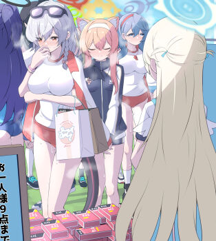 6+girls ako_(blue_archive) ako_(track)_(blue_archive) alternate_costume angel_wings animal_ear_fluff animal_ears bag black_hair black_jacket blonde_hair blue_archive blue_buruma blue_eyes blue_hair blue_sky blush bracelet braid buruma cat_ears cat_girl cloud cloudy_sky commentary_request condom condom_wrapper demon_wings elbow_carry embarrassed eyewear_on_head feathered_wings grey_hair gym_shirt gym_shorts gym_uniform hair_between_eyes hair_ribbon hairband half_updo halo haruna_(blue_archive) haruna_(track)_(blue_archive) hasumi_(blue_archive) hasumi_(track)_(blue_archive) headband highres jacket jacket_on_shoulders jewelry kneehighs long_hair long_sleeves looking_at_another low_ponytail mari_(blue_archive) mari_(track)_(blue_archive) mini_wings multicolored_jacket multiple_girls official_alternate_costume official_alternate_hairstyle orange_hair outdoors paper_bag part_time_job ponytail purple_hair red_buruma red_eyes ribbon shirt shoes shopping_bag short_sleeves shorts sidelocks single_braid single_wing sky sneakers socks sora_(blue_archive) steam store_clerk sunglasses tinted_eyewear tonomiya68 track_jacket two-tone_jacket two_side_up whistle whistle_around_neck white_socks white_wings wings yuuka_(blue_archive) yuuka_(track)_(blue_archive)