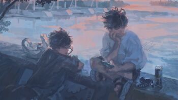 2boys absurdres bag black_hair black_shirt can highres holding holding_phone limited_palette looking_at_another looking_to_the_side male_focus multiple_boys ocean original phone plastic_bag platform_sandals sandals shigre ship shirt sitting talking_on_phone tree watercraft white_shirt