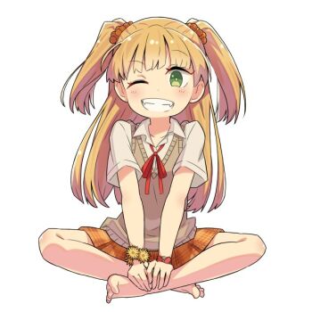 Rule 34 | 1girl, barefoot, blonde hair, blush, bracelet, collared shirt, commentary request, fangs, green eyes, grey sweater vest, grin, hair ornament, hair scrunchie, idolmaster, idolmaster cinderella girls, jewelry, jougasaki rika, long hair, looking at viewer, miniskirt, neck ribbon, one eye closed, orange skirt, pleated skirt, red ribbon, ribbon, scrunchie, shirt, short sleeves, simple background, sitting, skirt, smile, solo, sweater vest, taru haru, two side up, white background, white shirt