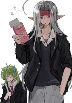 2boys ahoge alternate_costume bag black_jacket black_sweater collared_shirt cowboy_shot dragon_quest dragon_quest_iv earrings fingernails food food_in_mouth green_hair grey_hair grey_pants hair_between_eyes hand_in_pocket headband hero_(dq4) highres holding holding_food holding_pocky jacket jewelry long_bangs long_fingernails long_hair looking_at_another looking_at_viewer male_focus multiple_boys necktie outstretched_hand pants parted_bangs pisaro pocky pocky_in_mouth pointy_ears red_eyes red_headband red_necktie red_shirt school_uniform shirt shirt_under_shirt shirt_under_sweater shoulder_bag single_earring slime_(dragon_quest) suit_jacket sweatdrop sweater upper_body white_background white_shirt y_hcei10