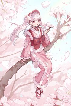 1girl :d artist_name bonnet bow cherry_blossoms dated day earrings flower flower_earrings highres holding holding_flower japanese_clothes jewelry kimono long_sleeves on_branch open_mouth original outdoors petals pink_eyes pink_hair pink_kimono red_bow red_ribbon ribbon sangatsu_(mitsuki358) sitting smile socks twintails white_socks wide_sleeves
