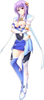 1girl boots breasts chest_jewel cleavage crossed_arms elbow_gloves full_body game_cg gloves hair_ornament high_heels highres holy_rouge large_breasts large_variant_set long_hair looking_at_viewer magical_girl nerawareta_megami_tenshi_angel_tear nipple_slip nipples non-web_source official_art purple_eyes purple_hair red_eyes shizumi_suzune skirt smile solo tachi-e thigh_boots thighhighs torn_clothes torn_thighhighs transparent_background tsukumo_kazuita variant_set zettai_ryouiki