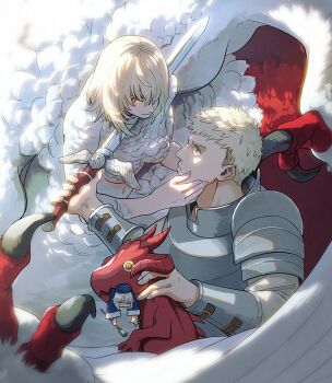 1boy 1girl armor b-saku beret blonde_hair blue_hat blue_robe body_fur breasts brother_and_sister centauroid chimera closed_eyes closed_mouth commentary_request dragon dungeon_meshi falin_touden falin_touden_(chimera) falin_touden_(tallman) feathered_wings feathers hair_between_eyes hands_on_another's_cheeks hands_on_another's_face hat highres holding holding_sword holding_weapon laios_touden large_breasts long_sleeves looking_at_another mini_person minigirl monster_girl navel plate_armor red_dragon_(dungeon_meshi) red_scales robe shirt short_hair siblings sidelocks staff standing stomach sword sword_to_throat taur underboob weapon white_feathers white_fur white_shirt wings yellow_eyes