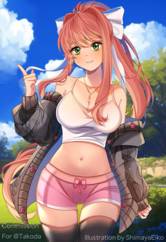1girl alternate_costume bare_shoulders black_thighhighs breasts brown_hair camisole cleavage cloud commentary commission cowboy_shot doki_doki_literature_club dolphin_shorts english_commentary gold_necklace green_eyes hair_intakes hand_up high_ponytail highres index_finger_raised jacket jewelry large_breasts long_sidelocks long_sleeves looking_at_viewer monika_(doki_doki_literature_club) musical_note_necklace navel necklace open_clothes open_jacket outdoors pink_shorts ponytail shimayaeiko shorts sidelocks skindentation smile solo spaghetti_strap standing thighhighs tree watermark white_camisole