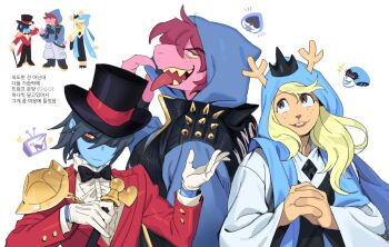 1other 2girls alternate_costume ant_tenna ant_tenna_(cosplay) black_hair black_hat blonde_hair blue_skin brown_eyes cane colored_skin cosplay deltarune furry furry_female gloves group_picture hat highres holding holding_cane hood hood_up horns horns_through_headwear jacket kris_(deltarune) lancer_(deltarune) lancer_(deltarune)_(cosplay) looking_at_viewer multiple_girls multiple_views noelle_holiday own_hands_clasped own_hands_together pink_skin purple_hair queen_(deltarune) queen_(deltarune)_(cosplay) red_eyes red_jacket shaded_face sharp_teeth short_hair simple_background smile susie_(deltarune) teeth tongue tongue_out top_hat ttudolee upper_body utdr_(toby_fox) white_background white_gloves