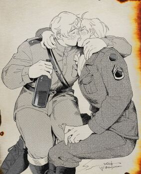 Rule 34 | 2026, 2boys, ahoge, alcohol, america (hetalia), arm around neck, artist name, ascot, axis powers hetalia, baggy pants, belt, blush, boots, bottle, breast pocket, buttons, closed eyes, closed mouth, commentary, fingernails, from side, greyscale, hair between eyes, hands up, highres, holding, holding bottle, jacket, kiss, lapels, long sleeves, male focus, medal, military, military jacket, military uniform, monochrome, multiple boys, open mouth, pants, pocket, qia li, russia (hetalia), scarf, shirt, short hair, simple background, sitting, smile, soviet army, symbol-only commentary, united states army, vodka, yaoi