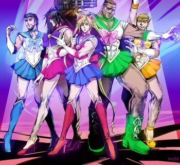 5boys barret_wallace beard bishoujo_senshi_sailor_moon black_hair blonde_hair blue_boots blue_bow blue_bowtie blue_choker blue_sailor_collar blue_skirt boots bow bowtie choker cid_highwind cigarette clenched_hand cloud_strife cosplay crescent crescent_earrings crossdressing crossdressing_(mtf) dark-skinned_female dark_skin double_bun double_finger_gun earrings elbow_gloves facial_hair fighting_stance final_fantasy final_fantasy_vii finger_gun full_body gem gloves green_boots green_choker green_sailor_collar green_skirt hair_bun hey53orz high_heel_boots high_heels highres jewelry long_hair male_focus multiple_boys muscular muscular_male orange_sailor_collar orange_skirt outstretched_arm pink_bow pink_bowtie pleated_skirt prosthetic_weapon pumps purple_bow purple_bowtie red_boots red_bow red_bowtie red_choker red_gemstone red_sailor_collar red_shoes red_skirt reeve_tuesti sailor_collar sailor_jupiter sailor_jupiter_(cosplay) sailor_mars sailor_mars_(cosplay) sailor_mercury sailor_mercury_(cosplay) sailor_moon sailor_moon_(cosplay) sailor_senshi_uniform sailor_venus sailor_venus_(cosplay) scar scar_on_face shoes short_hair shoulder_tattoo skirt skull_tattoo spiked_hair tattoo tiara twintails very_long_hair very_short_hair vincent_valentine white_gloves yellow_bow yellow_bowtie yellow_shoes