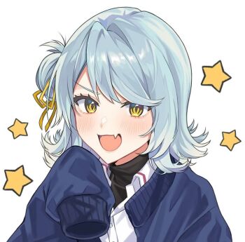 1girl :d ashigaya_high_school_uniform blue_cardigan blue_hair blush cardigan collared_shirt commentary_request fang flipped_hair hair_bun hair_ribbon koyanagi_kaho long_sleeves looking_at_viewer medium_hair nananatu_1218 open_cardigan open_clothes open_mouth ribbon school_uniform shirt simple_background single_side_bun skin_fang sleeves_past_fingers sleeves_past_wrists smile solo star_(symbol) turtleneck watashi_ga_koibito_ni_nareru_wake_naijan_murimuri! white_background white_shirt yellow_eyes yellow_ribbon