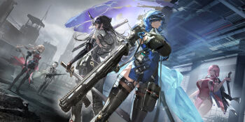 absurdres bad_link blue_hair bow breasts character_request dalanxia double-barreled_shotgun dp-12_(girls&#039;_frontline) dress dushevnaya_(girls&#039;_frontline_2) girls&#039;_frontline girls&#039;_frontline_2:_exilium green_bow gun helen_(girls&#039;_frontline_2) highres holding holding_gun holding_sword holding_weapon key_visual ksvk_(girls&#039;_frontline) large_breasts long_hair multiple_girls official_art open_mouth phaetusa_(girls&#039;_frontline_2) pink_eyes pink_hair plant promotional_art pump_action red_dress shotgun standing sword weapon