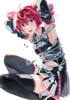 1girl ahoge armpits belt black_thighhighs boots bound breast_pocket breasts buttons cable drill_hair earphones flying_sweatdrops foot_out_of_frame hair_between_eyes hashtag-only_commentary headphones highres kasane_teto kasane_teto_(utau) looking_at_viewer lower_teeth_only miniskirt open_mouth pink_belt pleated_skirt pocket red_hair samsap simple_background skirt small_breasts solo teeth thigh_boots thighhighs tied_up_(nonsexual) twin_drills utau white_background