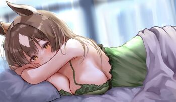 1girl animal_ears bed_sheet blanket blush breast_press breasts brown_eyes brown_hair cleavage closed_mouth commentary_request commission dress from_side green_dress hair_between_eyes horse_ears horse_girl indoors large_breasts long_hair looking_at_viewer lying multicolored_hair on_bed on_stomach pillow satono_diamond_(umamusume) sg_(esujii) sideboob skeb_commission smile solo streaked_hair umamusume under_covers white_streaks