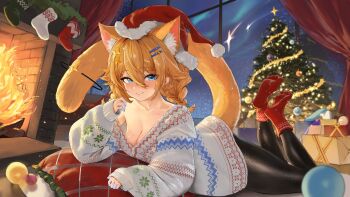 1girl absurdres animal_ear_fluff animal_ears black_pants blue_eyes box breasts cat_ears cat_girl cat_tail christmas_ornaments christmas_stocking christmas_sweater christmas_tree cleavage closed_mouth colored_extremities fire fireplace fur-trimmed_headwear fur_trim gift gift_box hair_ornament hairpin hat highres kaneko_lumi mila_(milaart12) pants phase_connect pillow pom_pom_(clothes) red_hat red_socks santa_hat shooting_star sleeves_past_wrists socks solo star_(symbol) star_hair_ornament sweater tail tinsel virtual_youtuber white_sweater