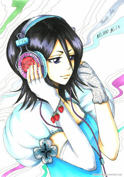 Rule 34 | 1girl, absurdres, black hair, bleach, blue eyes, elbow gloves, english text, female focus, fingerless gloves, food, fruit, gloves, hair between eyes, headphones, highres, kuchiki rukia, milestone celebration, short hair, simple background, solo, strawberry, thank you, watermark, web address, white background, yuria-chu