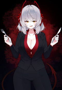 1girl :d absurdres alternate_costume antenna_hair arknights black_jacket black_pants blunt_bangs blush breasts cleavage commission cowboy_shot demon_girl demon_horns demon_tail fang flower fork formal_clothes grey_hair highres holding holding_fork holding_knife horns hyeroin jacket knife large_breasts long_sleeves looking_at_viewer medium_hair multicolored_hair nail_polish open_mouth orange_eyes pants pixiv_commission red_background red_flower red_hair red_nails smile solo suit tail two-tone_hair w_(arknights)