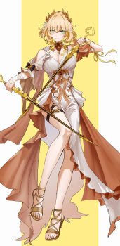 Rule 34 | 1girl, absurdres, aglaea (honkai: star rail), bare legs, bare shoulders, blonde hair, bracelet, breasts, chest tattoo, choker, cleavage, clothing cutout, collared shirt, commentary request, dress, dual wielding, flower, full body, greco-roman clothes, green eyes, hair flower, hair ornament, highres, holding, holding sword, holding weapon, honkai: star rail, honkai (series), jewelry, large breasts, looking at viewer, matsukan (dug pile), nail polish, parted lips, sandals, shirt, short hair, shoulder cutout, simple background, solo, standing, sword, tattoo, thigh strap, thighs, weapon, white dress, white flower, yellow background, yellow nails