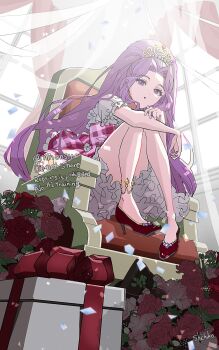 1girl aikatsu! aikatsu!_(series) box confetti curtains dress flower frilled_dress frills full_body gift gift_box hashtag-only_commentary high_heels highres indoors kanzaki_mizuki knees_up long_hair looking_at_viewer petticoat pink_dress plaid_clothes plaid_dress ponytail purple_eyes purple_hair red_flower red_rose red_shoes rose shichiko_(kerori) shoes short_dress sitting solo throne tiara window