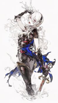 1girl armor armored_leotard armpits black_armor black_gauntlets black_hairband black_panties blue_cape breasts cape cleavage drinking female_corrin_(fire_emblem) female_corrin_(nohr_noble)_(fire_emblem) fire_emblem fire_emblem_fates fire_emblem_heroes gauntlets gloves grey_hair hair_between_eyes hairband highres holding holding_sword holding_weapon leotard lkppp long_hair medium_breasts nintendo official_alternate_costume open_mouth panties pointy_ears red_eyes solo sword thighhighs thighs underwear water weapon yato_(fire_emblem)