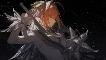 1girl aestus_estus ahoge bridal_veil brown_hair chain commentary_request fate/grand_order fate_(series) gloves green_eyes hair_intakes highres holding holding_sword holding_weapon kumatangent lock long_sleeves nero_claudius_(bride)_(fate) nero_claudius_(fate) padlock padlocked_collar parted_lips solo sword upper_body veil weapon white_veil zipper