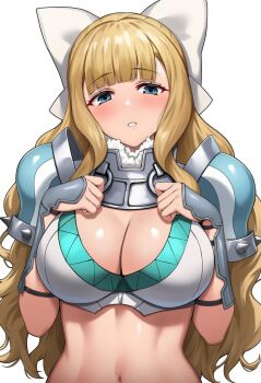 1girl armor bikini_armor blonde_hair blue_eyes blush bow breast_pile breasts charlotte_(fire_emblem) cleavage fire_emblem fire_emblem_fates hair_bow hands_on_own_chest highres large_breasts long_hair looking_at_viewer nintendo parted_lips pauldrons pyo_3300 shoulder_armor solo teeth toned upper_body wavy_hair white_background white_bow