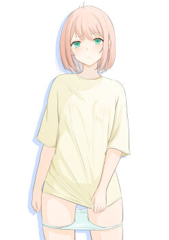 Rule 34 | 1girl, absurdres, ahoge, aqua eyes, arms at sides, blush, bob cut, closed mouth, commentary request, drop shadow, highres, keisuke309, long shirt, no pants, original, panties, panty pull, panty tag, pink hair, shirt, shirt tug, short hair, simple background, solo, t-shirt, three-quarter sleeves, underwear, white background, white panties, yellow shirt