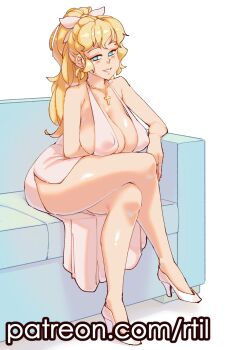 1girl absurdres blind blonde_hair blue_eyes blush bow breasts couch covered_erect_nipples cross cross_necklace crossed_legs hair_bow high_heels highres jewelry katawa_shoujo large_breasts long_hair looking_at_viewer necklace open_mouth ponytail rtil satou_lilly sitting smile solo thigh_gap white_bow