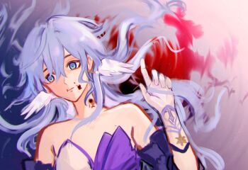 1girl aqua_eyes bare_shoulders blood breasts bullet_hole chromatic_aberration commentary_request death earrings empty_eyes gloves gunshot_wound hair_between_eyes hair_spread_out head_wings highres honkai:_star_rail honkai_(series) jewelry jhenny345 long_hair medium_breasts parted_lips purple_hair robin_(honkai:_star_rail) solo spanish_commentary white_gloves wings