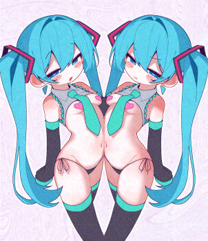 2girls aqua_necktie banananosongen black_panties black_thighhighs blue_eyes blue_hair blush breasts clone closed_mouth cowboy_shot detached_sleeves hair_intakes hair_ornament hatsune_miku heart_pasties highres long_hair looking_at_viewer multiple_girls necktie open_mouth panties pasties side-tie_panties small_breasts standing thighhighs twintails underwear vocaloid