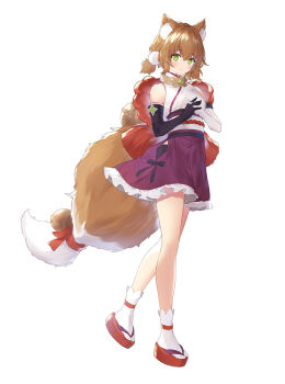 1girl animal_ears arcanadea bell brown_hair elbow_gloves fox_ears fox_tail full_body gloves green_eyes japanese_clothes kimono kimono_dress kotobukiya large_tail light_smile low_twintails necomi obi official_art okobo platform_sandals red_rope rope sandals sash second-party_source short_twintails simple_background sleeveless sleeveless_kimono solo standing standing_on_one_leg steepled_fingers tabi tachi-e tail twintails white_background yukumo_(arcanadea)