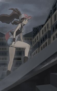 1girl absurdres asamaru1225 bag baseball_cap black_vest blue_eyes blue_shorts boots breasts brown_hair building cloud cutoffs dark_cloud denim denim_shorts exposed_pocket floating_hair from_side grey_sky hair_through_headwear hat high_ponytail highres hilda_(pokemon) long_hair long_sidelocks looking_ahead medium_breasts nintendo open_clothes open_vest outdoors overcast parted_lips pink_bag poke_ball_print pokemon pokemon_black_and_white ponytail shirt short_shorts shorts shoulder_bag sidelocks sky sleeveless sleeveless_shirt socks solo stairs standing vest white_hat white_shirt wristband