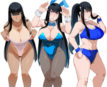 Rule 34 | 1girl, alternate hairstyle, bakkanki, black hair, blue eyes, blue leotard, breasts, detached collar, highres, kill la kill, kiryuuin satsuki, large breasts, leaning forward, leotard, long hair, looking at viewer, playboy bunny, ponytail, rabbit pose, simple background, sports bra, tan, toned, white background, wrist cuffs