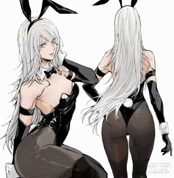 1girl a2_(nier:automata) animal_ears armlet ass bare_back bare_shoulders black_armlet black_bow black_bowtie black_gloves black_hairband black_leotard blue_eyes bow bowtie breasts brown_pantyhose cleavage clone collar detached_collar elbow_gloves floating_hair gloves hair_between_eyes hairband hand_in_own_hair highres jewelry leather_leotard leotard lipgloss long_hair looking_ahead looking_at_viewer mole mole_under_mouth nier:automata nier_(series) nishiii26miii pantyhose playboy_bunny rabbit_ears rabbit_tail signature tail thighs white_background white_collar white_hair white_wrist_cuffs wrist_cuffs