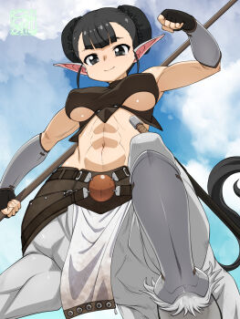 1girl abs animal_ears arm_up bare_shoulders black_eyes black_gloves black_hair black_vest blue_sky blunt_bangs breasts bun_cover centaur chinese_zodiac clenched_hand closed_mouth clothing_cutout cloud commentary_request covered_erect_nipples day double_bun fingerless_gloves from_below gloves hair_bun highres holding holding_polearm holding_weapon horse_ears horse_tail large_breasts looking_at_viewer monster_girl multiple_legs navel nurugamer-kouyouju original pelvic_curtain polearm rearing shin_guards signature sky smile solo spear standing stomach tail taur textless_version underboob underboob_cutout vambraces vest weapon year_of_the_horse
