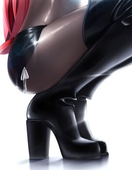 1girl absurdres black_boots black_dress blackberry_baelz bodystocking boots close-up commentary dress footwear_focus hakos_baelz high_heel_boots high_heels highres hololive hololive_english latex latex_boots latex_dress lower_body luke_s_(artist) red_hair ribbon shiny_clothes simple_background squatting thigh_focus thighs virtual_youtuber white_background white_ribbon