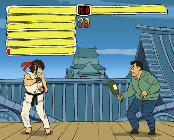 Rule 34 | 2boys, black hair, bottle, cosplay, crossover, dougi, endou tatsuya, fingerless gloves, gloves, headband, health bar, highres, holding, holding bottle, martial arts belt, multiple boys, parody, red headband, ryu (street fighter), ryu (street fighter) (cosplay), short hair, spy x family, street fighter, street fighter ii (series), yuri briar