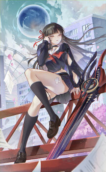 1girl absurdres arm_cutout black_choker black_hair black_serafuku black_skirt black_socks brown_shoes cherry_blossoms chigusa7h chisa_(wuthering_waves) choker clothing_cutout commentary hair_ribbon highres loafers long_hair long_sleeves mole mole_under_eye neckerchief outdoors parted_lips red_eyes red_neckerchief red_ribbon ribbon sailor_collar school_uniform serafuku shoes sitting skirt socks solo sword thighs weapon white_sailor_collar wuthering_waves