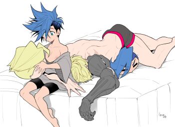 Rule 34 | 2boys, aged down, arm around waist, barefoot, black male underwear, blue eyes, blue hair, blush, boxers, character doll, closed eyes, closed mouth, commentary request, doll, feet out of frame, galo thymos, grey shirt, hair between eyes, kray foresight, long sleeves, lying, male focus, male underwear, mohawk, multiple boys, on stomach, promare, prosthesis, prosthetic arm, scar, shirt, sideburns, single bare shoulder, sitting, takatsuki ichi, topless male, underwear, white background, wide sleeves, yaoi