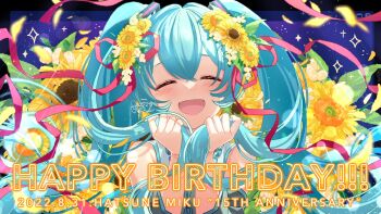 1girl :d ^_^ anniversary aqua_hair black_sleeves blurry blush closed_eyes commentary confetti dated depth_of_field detached_sleeves english_commentary engrish_commentary flower hair_between_eyes hair_flower hair_ornament happy_birthday hatsune_miku highres long_hair long_sleeves open_mouth senotarou shirt signature sleeveless sleeveless_shirt smile solo sunflower tongue twintails vocaloid white_shirt yellow_flower