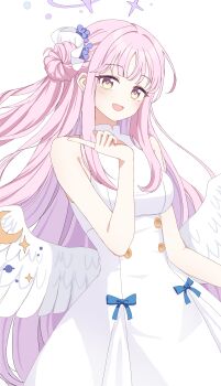 1girl absurdres angel_wings black_scrunchie blue_archive blush breasts buttons commentary_request crescent dress feathered_wings flower gradient_hair hair_bun hair_flower hair_ornament halo highres long_hair looking_at_viewer low_wings medium_breasts mika_(blue_archive) multicolored_hair open_mouth pink_hair pink_halo purple_flower ribera scrunchie simple_background single_hair_bun single_side_bun sleeveless sleeveless_dress smile solo very_long_hair white_background white_dress white_wings wing_ornament wings wrist_scrunchie yellow_eyes